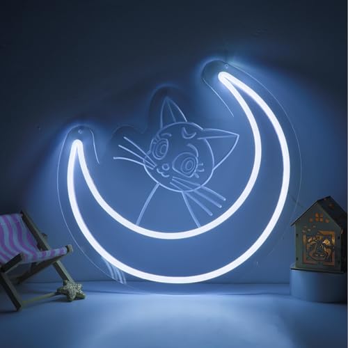 Image of ENUOLI LED Cat Neon Signs,Cute Cat Neon Lamps Dimmable Cool White Moon Shaped Neon Lights USB Powered Cat Night Light Wall Decor for Cat Cafe Bedroom Living Room Birthday Gift for Friends