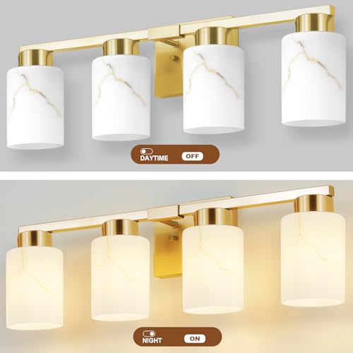 Image of 4-Light Bathroom Light Fixtures, Modern Vanity Lights, Gold Metal Wall Lamp with White Marble Glass for Bathroom, Mirror, Living Room, Bedroom, Cabinet, Porch, Hallway, E26 Base