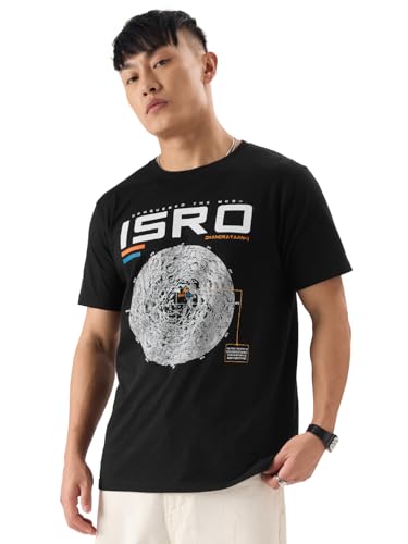 Image of The Souled Store Official ISRO: Lunar Mission Mens Regular fit Half Sleeve Graphic Printed Cotton Black Color T-Shirts