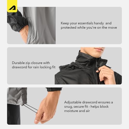 Image of Boldfit Unisex Waterproof Rain Jacket Rainwear Top for Men & Women with Hood Lightweight Monsoon Rain Jacket for Travel, Trekking, Bike Riding & Outdoor Use- Black Grey, M-L