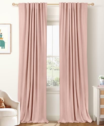 Image of 100% Blackout Shield Linen Blackout Curtains for Bedroom 108 Inches Long, Back Tab/Rod Pocket Living Room Drapes, Thermal Insulated Blackout Curtains 2 Panels Set, 50" W x 108" L, Blush Pink
