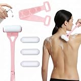 Lotion Applicator for Back & Body, Sunscreen Application Roller (3 Reusable Foam Rollers) with Long Reach Folding Handle and Silicone Body Scrubber - Apply Lotion, Moisturizer, Cream, Ointment,Pink