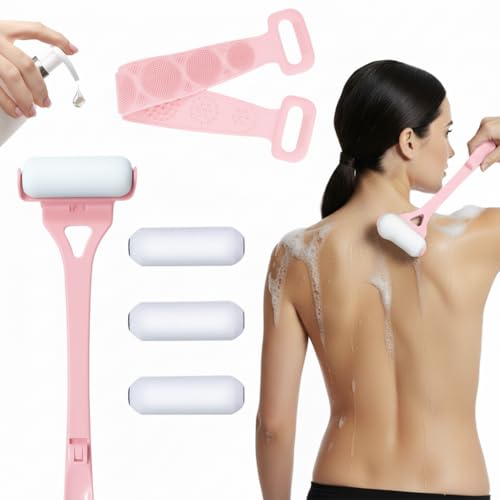 Lotion Applicator for Back & Body, Sunscreen Application Roller (3 Reusable Foam Rollers) with Long Reach Folding Handle and Silicone Body Scrubber - Apply Lotion, Moisturizer, Cream, Ointment,Pink