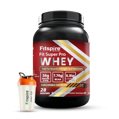 Image of Fitspire Fit Super Pro Whey Protein Powder with Shaker- Double Chocolate- 2 lbs- Whey Isolate and Concentrate Blend High Protein with Enzymes and Probiotics for Digestion- Muscle Growth