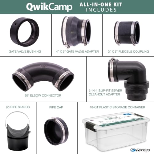 Image of Fernco QwikCamp RV and Camper Sewer Waste Plumbing Connection System Kit with Slip Fit Coupling Adapter for 3-in. PVC Pipe and Pipe Stands (Black)