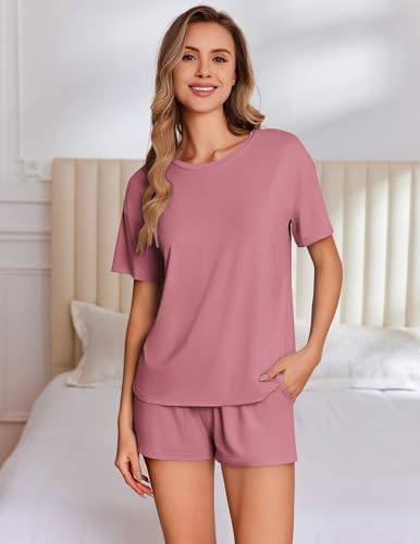 Image of Ekouaer Pajama Set for Women Viscose from Bamboo Short Sleeve Tops and Shorts Set 2 Piece Lounge Set