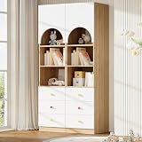 REXO Libreria a più ripiani, scaffale portaoggetti, tre cassetti, tre ripiani, maniglie in ceramica, bianco, effetto legno, set da 2 pezzi, 100 x 50 x 200 cm