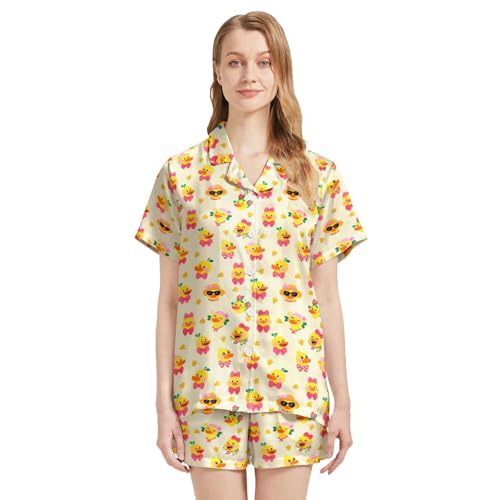 Image of Funny Pajamas for Women Set Print Satin Loungewear Pjs Short Sleeve Button Down Top and Shorts Sets Sleepwear XS-3XL