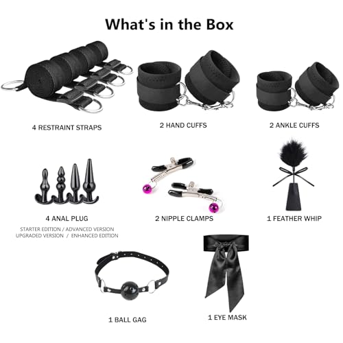 Image of Couples Sex Toys Set, 17 PCS-Adult Toys-with Restraint Straps & Bondage Cuffs & Anal Plug & Nipple Clamps & Feather & Sex Whip & Sex Blindfold, DIY Bondage Restraints SM Games for Couples