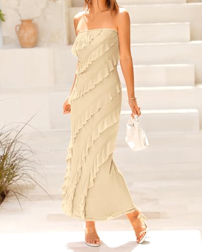 BTFBM Women Summer Elegant Strapless Midi Ruched Bodycon Dress Solid Color Stretch Mesh Slim Party Cocktail Dresses