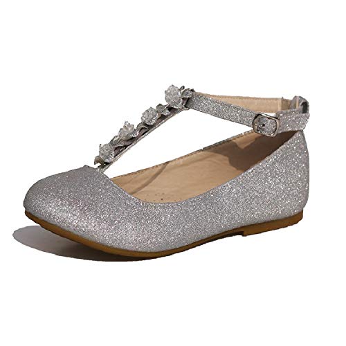 Little Girls Dress Ballet Girls Little Kid/Big Kid T-Strap Mary Jane Bow Flat Shoes Silver 10