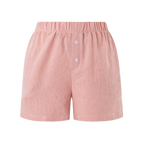 Image of Pivanzore Y2k Plaid Shorts for Women Casual Elastic Waist Aesthetic Lounge Bottom Baggy Pajama Shorts Boxers Sleepwear