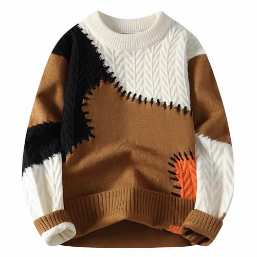 Cambkatl Men's Cable Knitted Pullover Sweaters, Basic Color Block Winter Crewneck Loose Long Sleeve Casual Sweater Tops