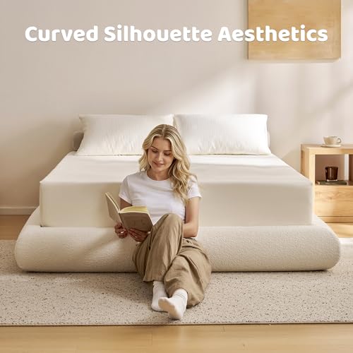 Image of RECCI AirFrame Half-Moon Upholstered King Platform Bed Frame, Minimalist Boucle Curved Arched Base, 5 Inch Fully Round Cushioned Foam, No Box Spring Needed, Easy Assembly | Round Shaped