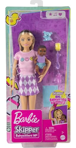 Image of Barbie Dolls and Accessories, Skipper Doll (Two-Tone Hair) with Baby Figure and 5 Accessories, Babysitters Inc. Playset