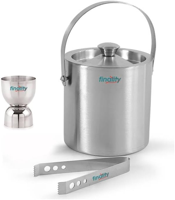 Double Walled Stainless Steel Insulated Ice Bucket with Lid | Ice Tong and Peg Measure [1 Liter] Keeps Ice Cold for Long hrs. | Great bar Tools for Home bar Accessories, Mini bar, Wine