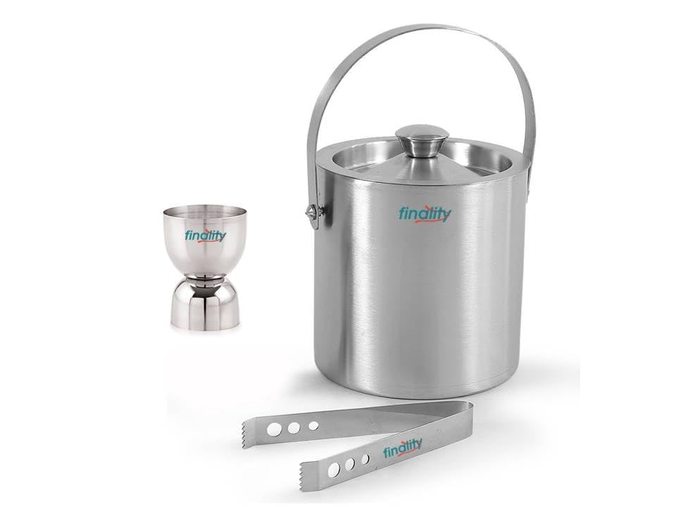 finality Double Walled Stainless Steel Insulated Ice Bucket with Lid | Ice Tong and Peg Measure [1 Liter] Keeps Ice Cold for Long hrs. | Great bar Tools for Home bar Accessories, Mini bar, Wine
