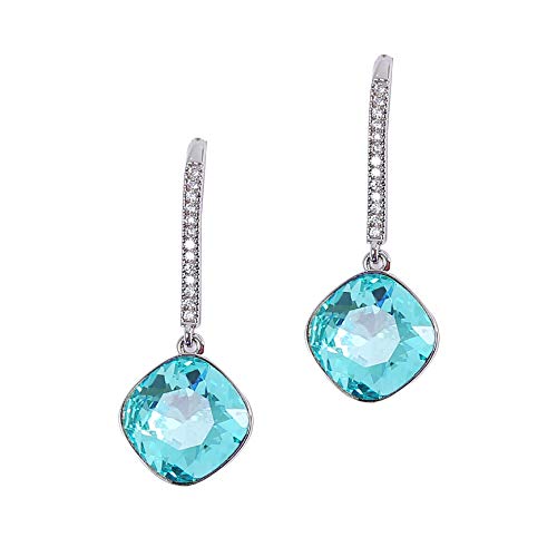 MOONSTONEElegant Sterling Silver Diagonal Cushion Cut With Pave Crystal AB Swarovski Elements Drop Fashion Earrings For Women, Turquoise