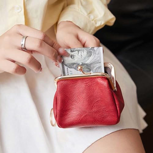 Women Retro Clip Purse PU Leather Clasp Wallet Lipstick Clutch Bag (Red)4