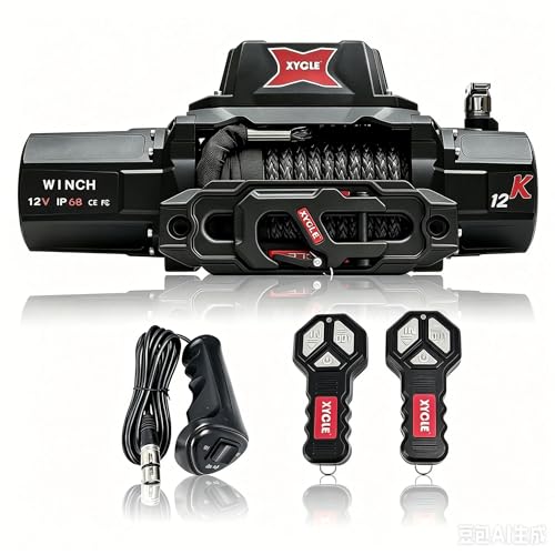XYCLE 12000lbs Electric Winch 12V IP68waterproof Off-Road Vehicle Rescue winchs with2wireless Remote Controls and1/2"Synthetic Rope Suitable for Towing SUVs,Loggers,Trucks,Trailers,Jeeps,4WD(Black)