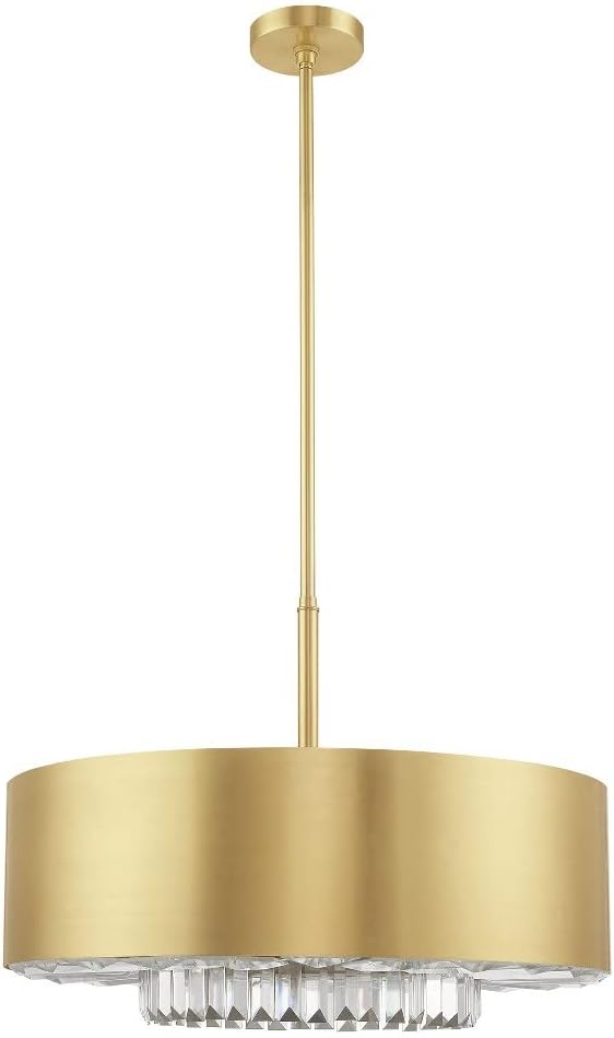 Livex Lighting 40020-12 Madison - Six Light Pendant, Satin Brass Finish with Satin Brass Solid Brass Shade with Clear Faceted Crystal