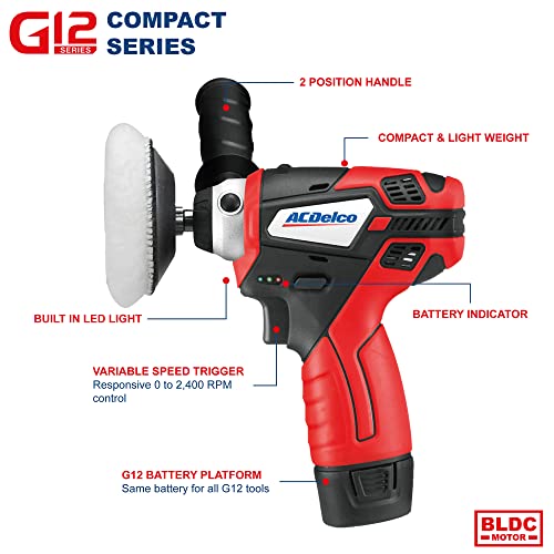 Acdelco G12 Series 12V Cordless 3" Mini Polisher Tool Set With 2 Li-Ion Batteries, Charger, And Accessory Kit, Ars1212 #TOP1