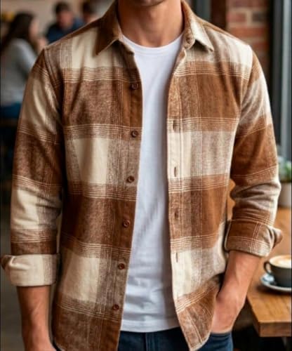 Image of Men's Brown & Cream Checks Flannel Shirt /Size: