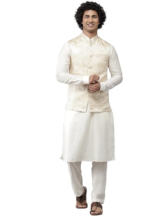 see designs Men Gold & White Solid Kurta Pyjamas With Nehru jacket-picture-46