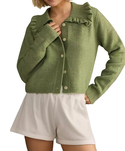 Women Button Dwon Long Sleebe Ruffle Lapel Solid Loose Sweater Cardigan Open Front Knit Cardigans Jacket