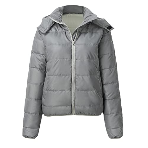 Generisch Damen Winterjacke 52 reflektierende Jacke für Damen Abnehmbarer Kapuzenreißverschluss Warmer Kurzmantel mit Taschen Wadenlanger Mantel Damen (Grey, M)