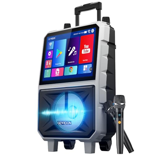 GEARDON 15.6" Full HD Touch Screen Karaoke Machine for Adults, Lyrics Display, Smart Karaoke System, WiFi YouTube Video Playback, 2 Wireless Mics, Portable Bluetooth Speaker for Outdoor Party