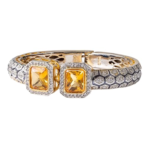 Royal Princess 18K Gold-Plated Cuff Bracelet with Intricate Hexagonal Design; Stunning Gold Bangle Bracelet for Women with Topaz-Colored Stones; Elegant, Durable, and Fit for different Occasions