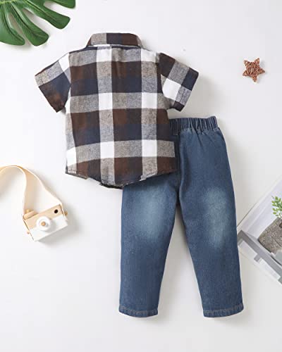 Xuanhao 18 Months Boy Clothes Toddler Outfits Summer Clothes For Boys 18-24 Months Short Sleeve Button Plaid Polo Shirt Denim Ripped Pants 18-24 Months Boy Clothing Brown #TOP2