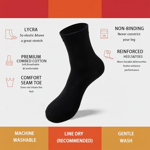 12 Packs Black White Socks,Men and Women Crew Socks Solid Color Combed Cotton Size US 6-143