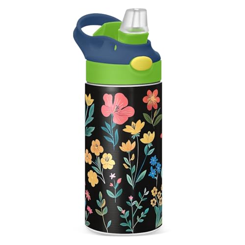 Waassud Botella de agua aislada con pajilla, botellas de agua de acero inoxidable a prueba de fugas para flores simples, 12 onzas