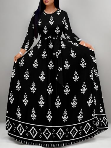 Image of Women Plus Size Long Sleeve V Neck Maxi Dress with Belt | Soft fabric relaxed fit three quarter sleeve v neck with pockets for party and daily wear