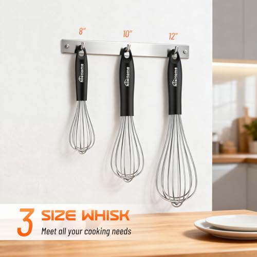 Image of NileHome Silicone Whisk Set 8 inch 10 inch 12 inch, 3 Pack Kitchen Whisk Kitchen Wisk Wire Whisks for Cooking, Whisking, Blending, Beating, Stirring-Black Silver