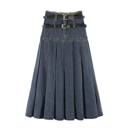 Hndudnff Faldas de mezclilla de cintura alta para mujer, plisadas, doble cinturón, lavadas, faldas largas vintage, azul marino, 40