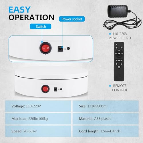 BAOSHISHAN Motorized Rotating Display Stand 12inch/220LB, 360 Degree Photography Turntable with Remote Control, Electric Turntable for Products Photo or Short Video (White, 11.8inch/220lbs)