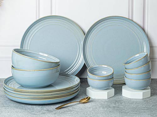 Image of Bodhi House Handcrafted Chip Resistance Porcelain Dinner Set, 14 Pieces Dish Set Serving for 6, Microwave and Dishwasher Safe, Bone-ash Free, Crockery Set for Dining and Gifting, Arctic Blue
