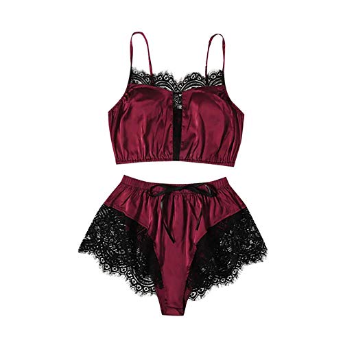 Lingerie femme sexy erotique en dentelle bordeaux XXL : ensemble caraco et short de nuit