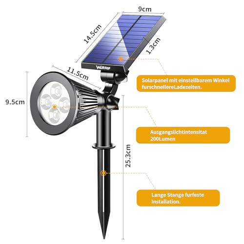 Wilktop Solarstrahler für Außen,LED Solar Strahler Solarleuchte Landscape 3th Version Superhelle Spotlight Solarbetriebene; Wasserdicht für die Hinterhöfe, Gärten, Rasen usw(2er;Warmweiß)
