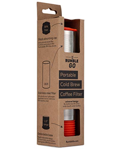 Rumble Go: Portable Cold Brew Coffee Filter - Fits Wide Mouth Water Bottles, 16-32Oz – Universal Fit - Brews Coffee Anywhere - Eco-Friendly & No Disposable Parts (Orangey-Red Cap & Base) #TOP1