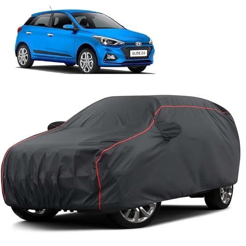 Image of Sulfar 100% Water Resistant Car Body Cover Compatible with Mirror for Hyundai Elite i20 (Triple Stitched, Full Bottom Elastic, Dark Grey Taffeta with Red Piping)