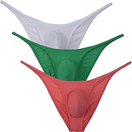 Botmois Men's Ultra Thin Ice Silk Cheeky Briefs Underwear Male Bulge Pouch Pucker Butt Bikinis Underpants String Lingeries 3-Pack(White,Green,Watermelon Red) M