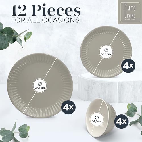 12-Piece Dinnerware Set Hygge Series - Bowl and Plate Set - Stoneware Dining Set for 4 People - Dishwasher and Microwave Safe - Grooved Dining Service in Light Brown - Image 2