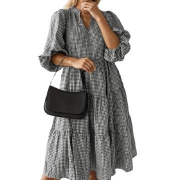 Amazon.com: Women's A-line Swing Plaid Tiered Midi Cotton Linen Dress,  Casual Lantern Half Sleeve V Neck Dress, Flowy Modest Long Dresses :  Clothing, Shoes & Jewelry