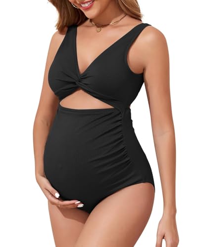 Maternity One Piece Swimsuits for Women - Ribbed Cutout High Waist Maternity Bathing Suits Tie Knot...