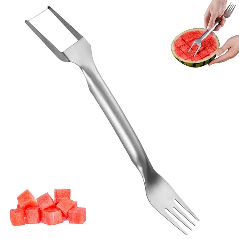 Upgraded 2-in-1 Stainless Steel Fruit Cutter, 2024 New Watermelon Fork Slicer Cutter Slicer Tool, Dual Head Fruit Forks Slicer Knife for Home Kitchen Gadget (1 Pcs)