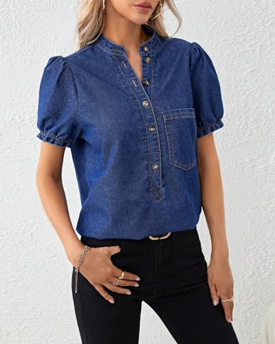 Womens Denim Shirt Casual Button Down V Neck Blouses Puff Short Sleeve Summer Jean Tops4